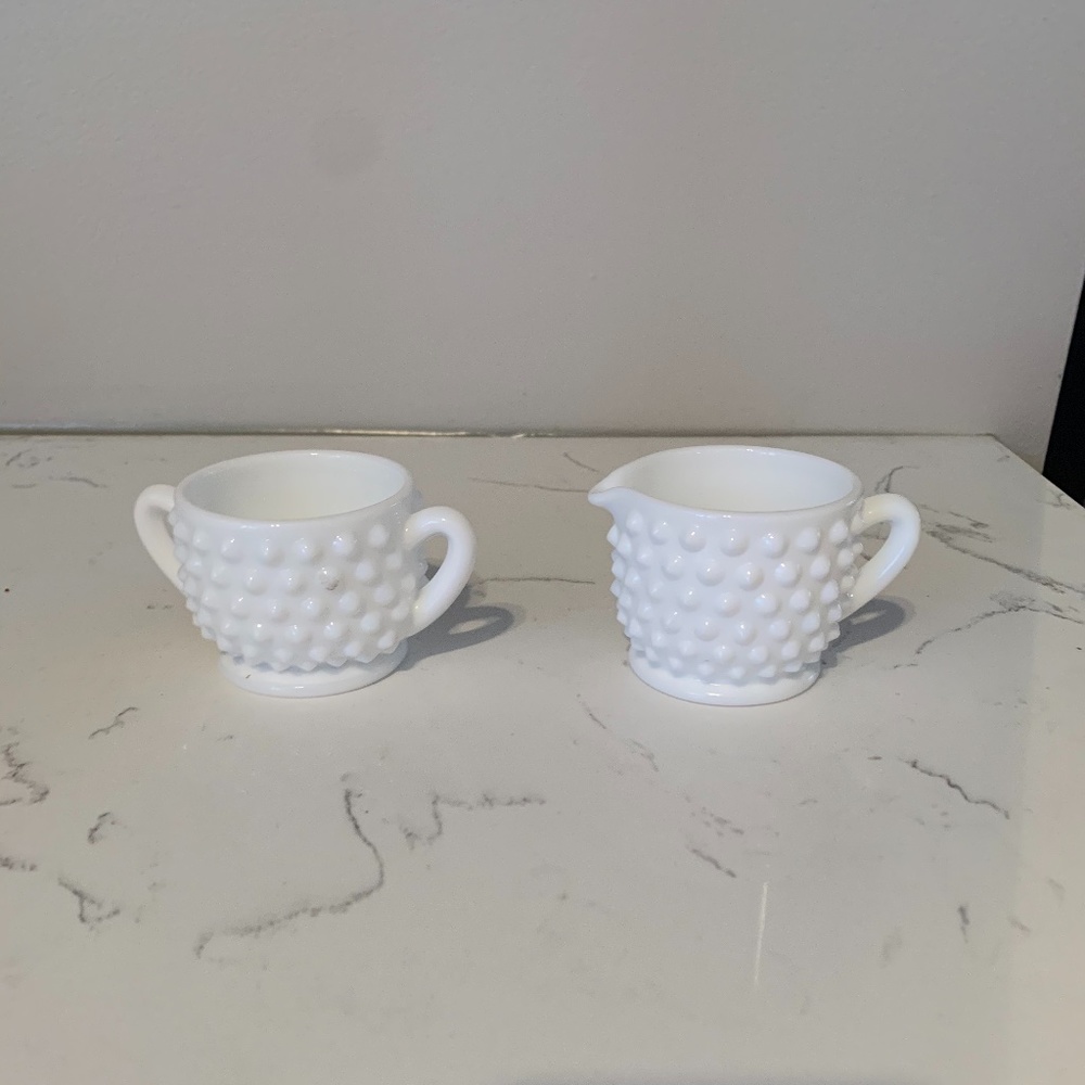 Milk Glass Hobnail Creamer and Sugar Bowl Set